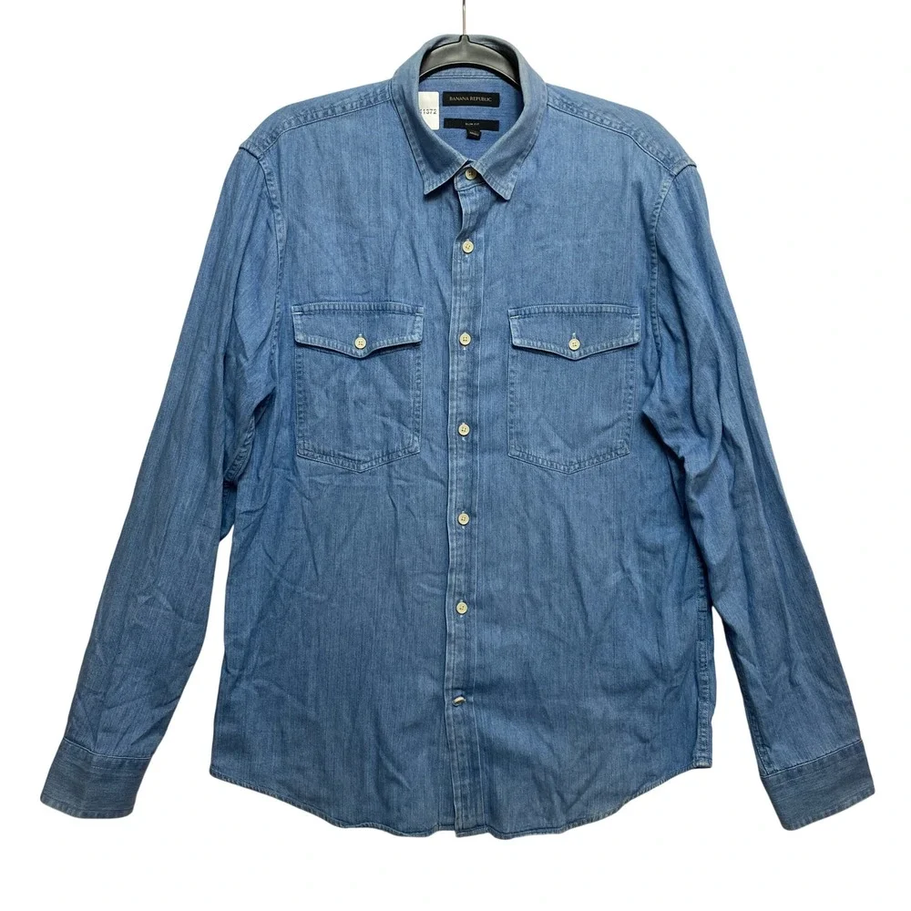 Banana Republic Shirt Mens M Blue Long Sleeve Slim Fit Denim Chambray Button Up